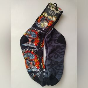 Ed Hardy "Christian" Cushioned Crew socks 2 Pairs Biker Skull Fire Flame